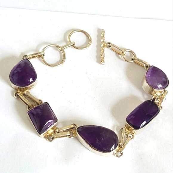Vintage Boho Purple Amethyst Gemstone Chunky Sterling Silver Chain Bracelet - Picture 1 of 9